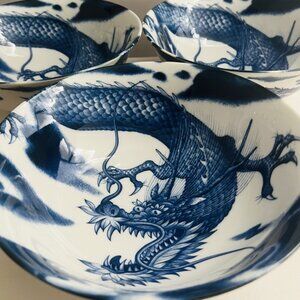 3 Vintage Blue Dragon Ramen Soup Bowls Made in Japan
